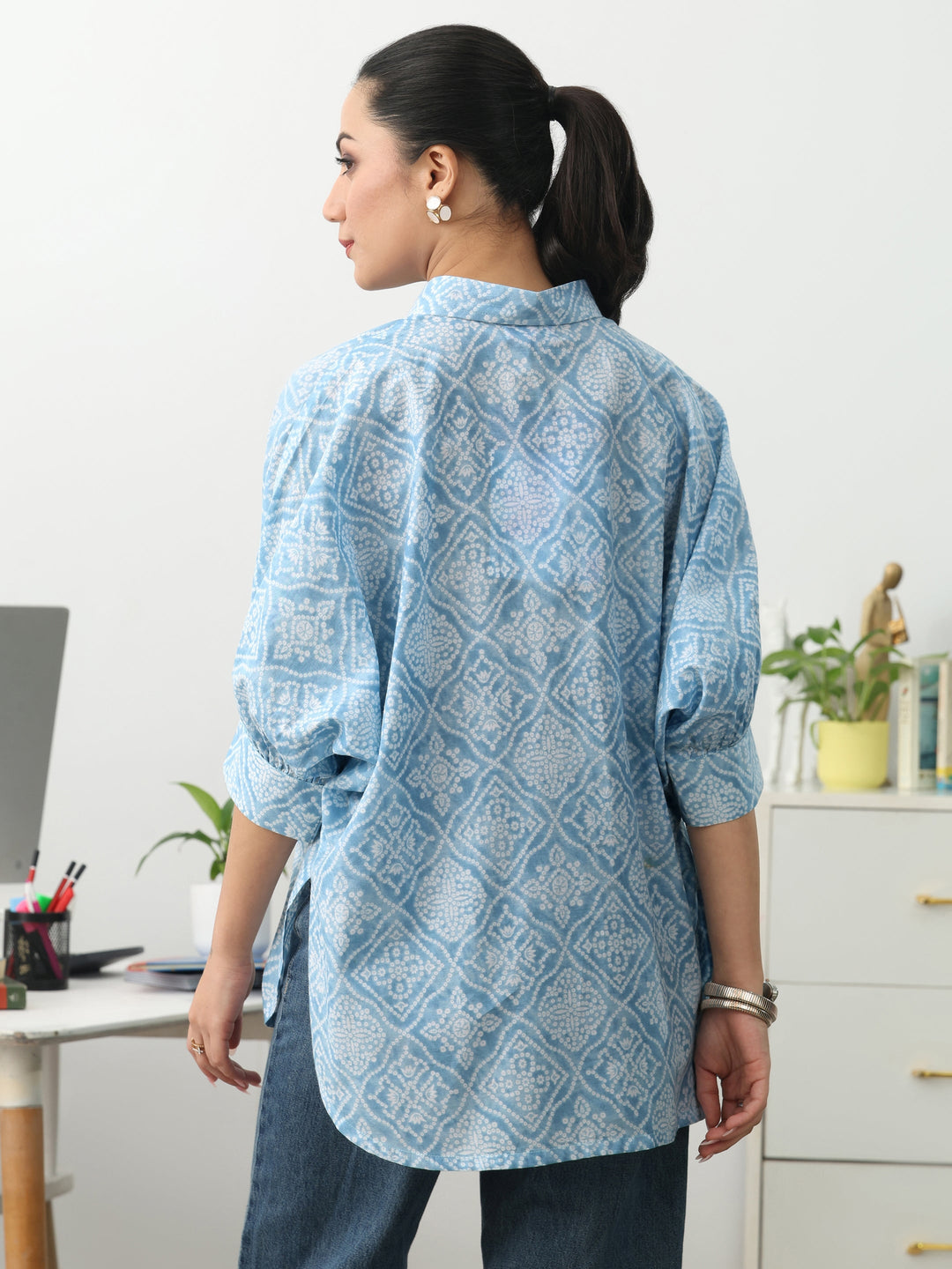  Bandhani Blue Cotton Blend Signature Shirt 
