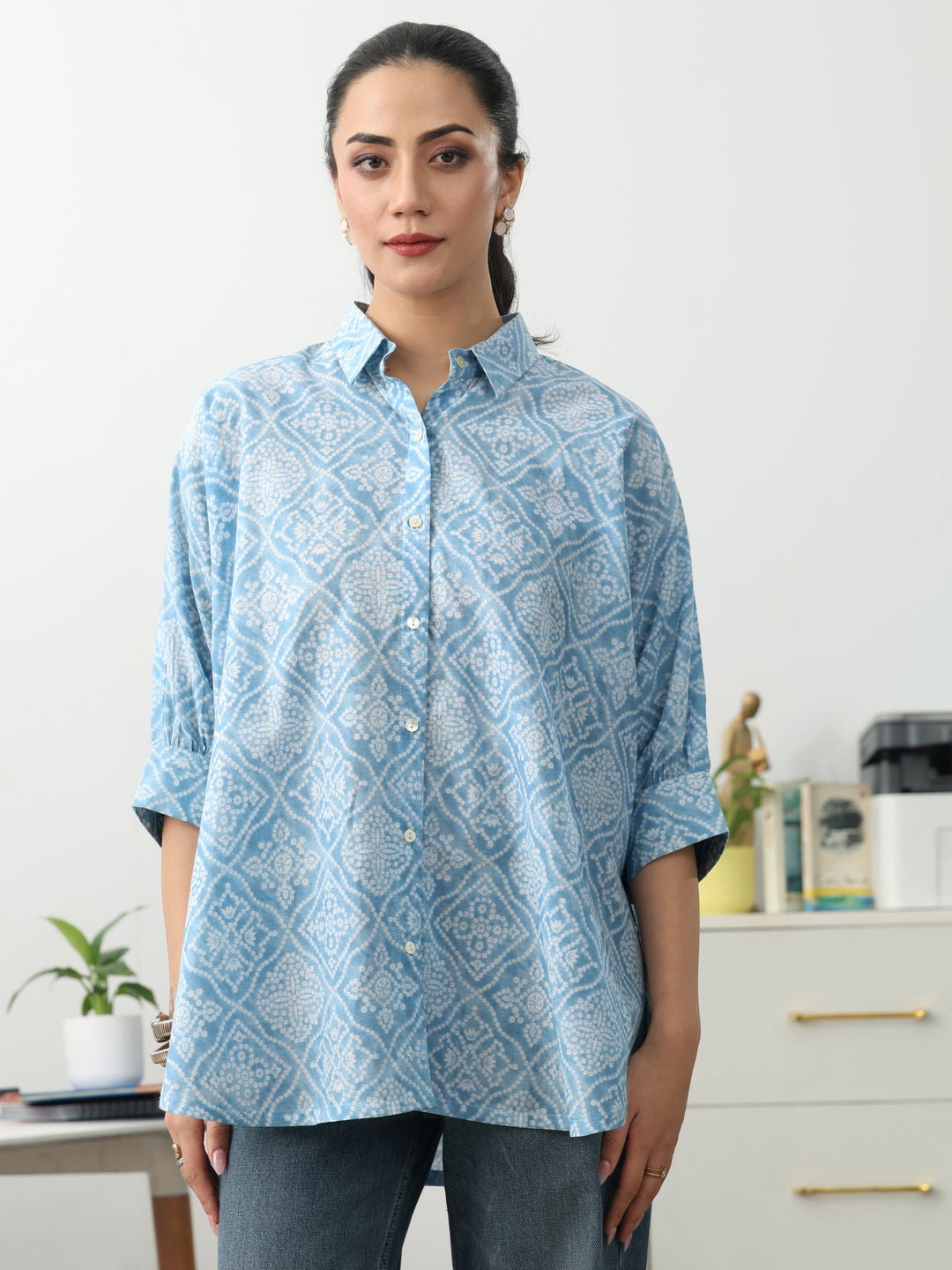 Bandhani Blue Cotton Blend Signature Shirt 