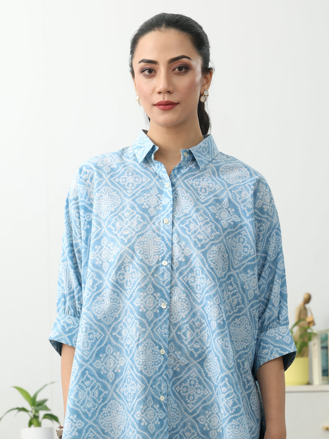  Bandhani Blue Cotton Blend Signature Shirt 