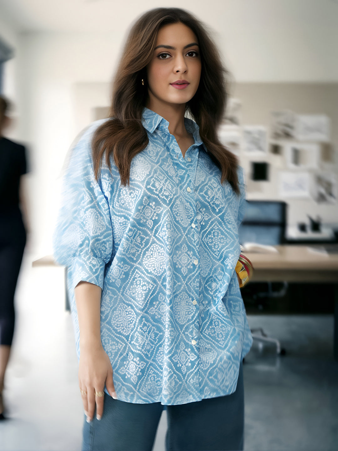  Bandhani Blue Cotton Blend Signature Shirt 