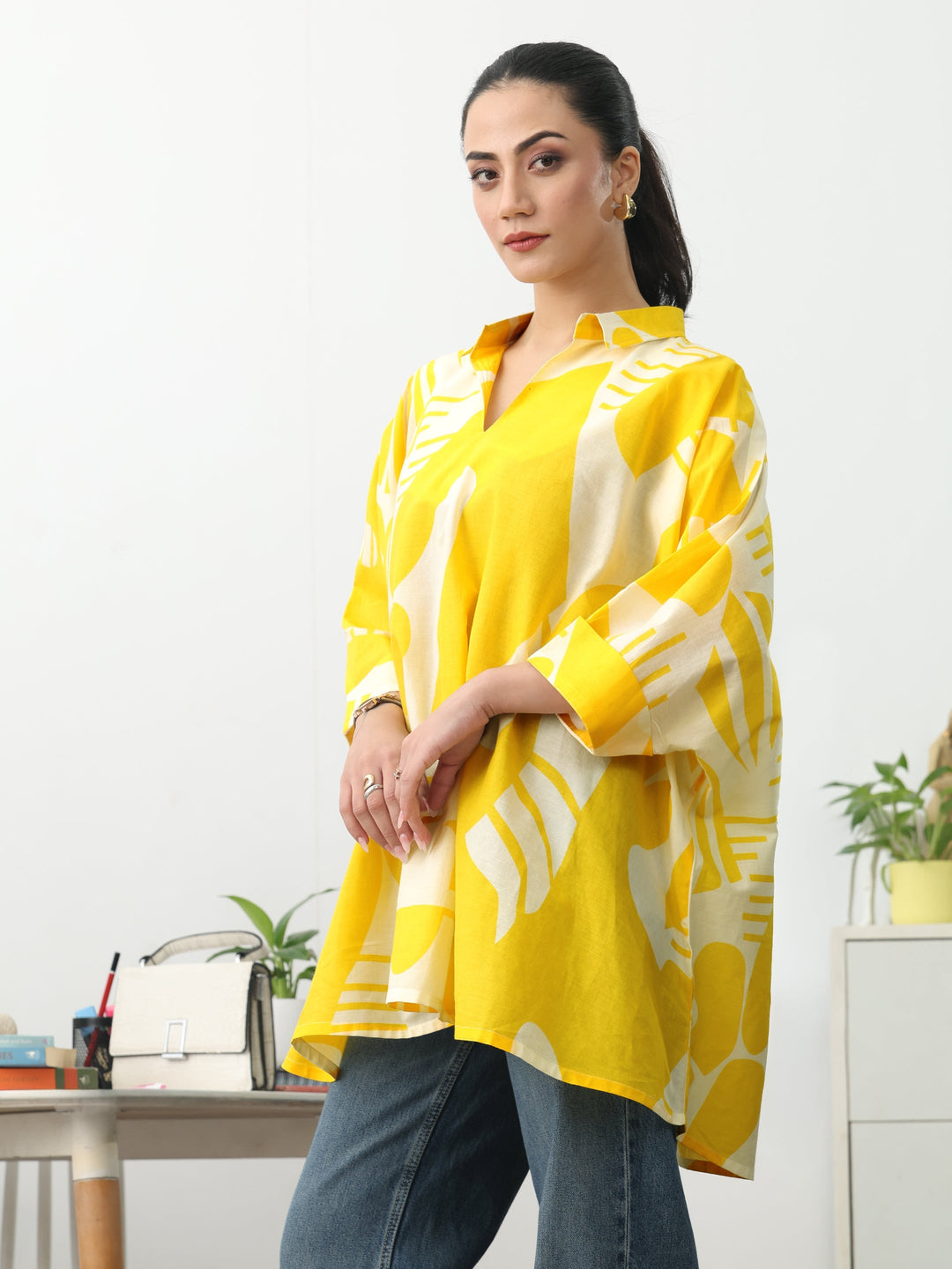  Yellow Abstract Printed Cotton Blend A-Line Short Kurti 
