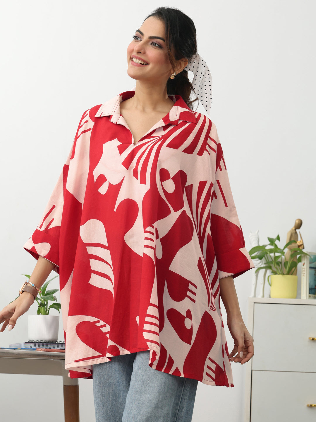  Red Abstract Printed Cotton Blend A-Line Short Kurti 