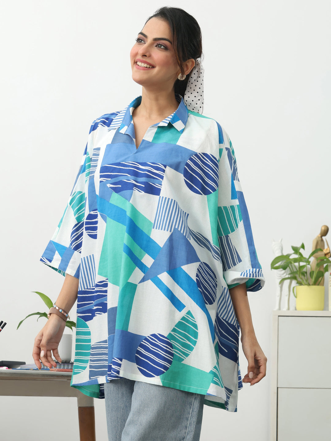  Blue Geometric Printed Cotton Blend A-Line Short Kurti 