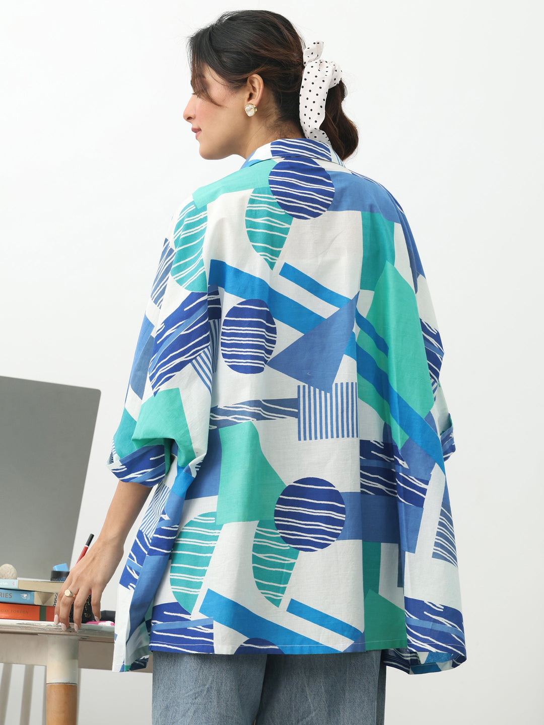  Blue Geometric Printed Cotton Blend A-Line Short Kurti 