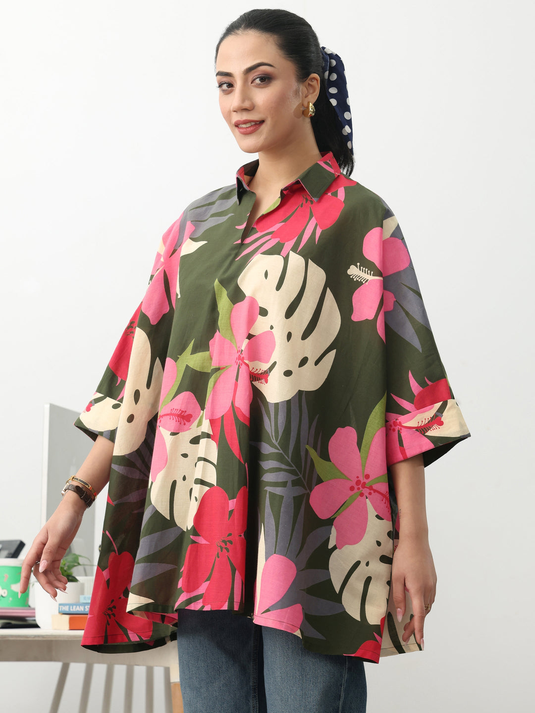  Green Floral Printed Cotton Blend A-Line Short Kurti 