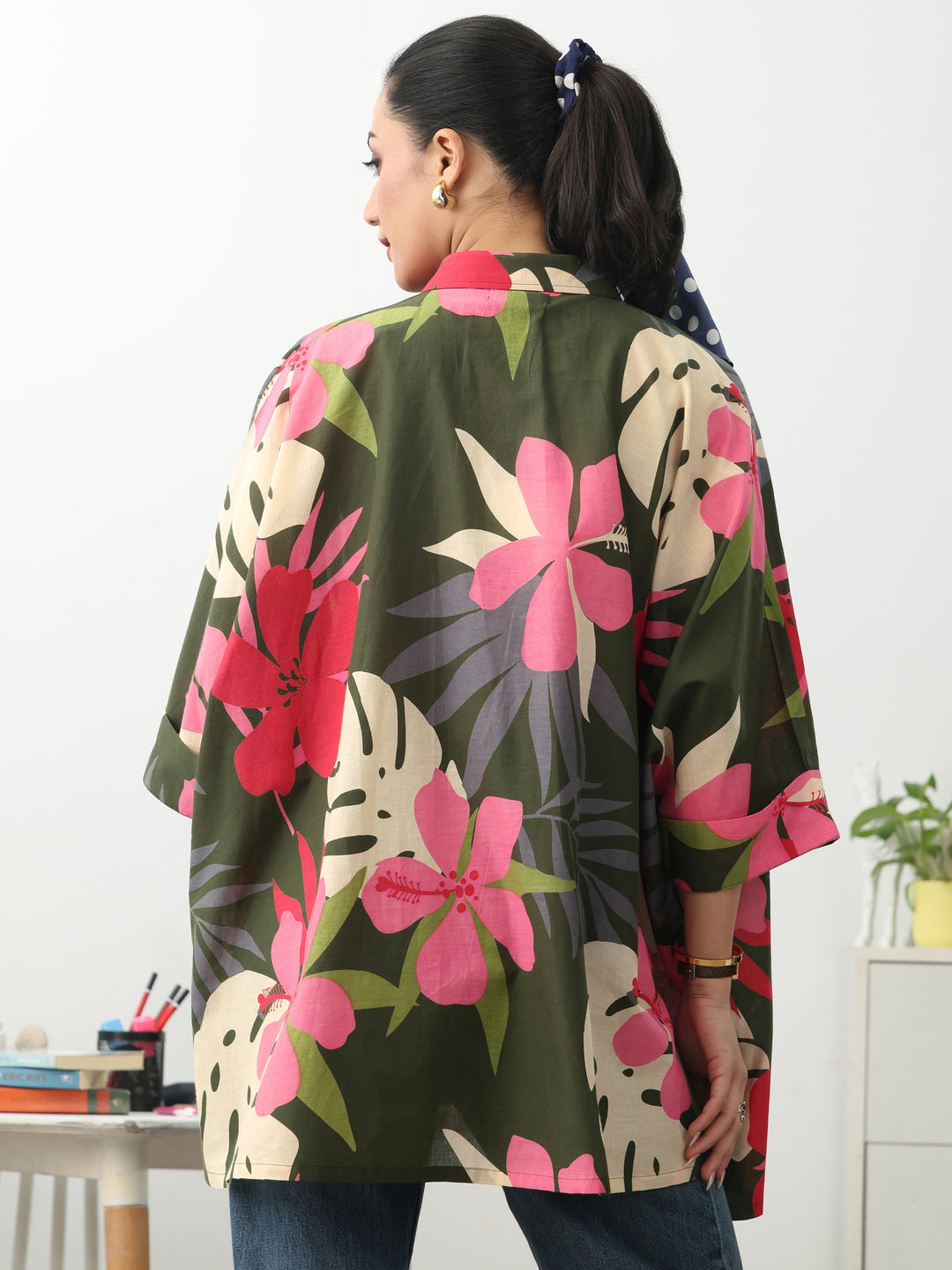  Green Floral Printed Cotton Blend A-Line Short Kurti 