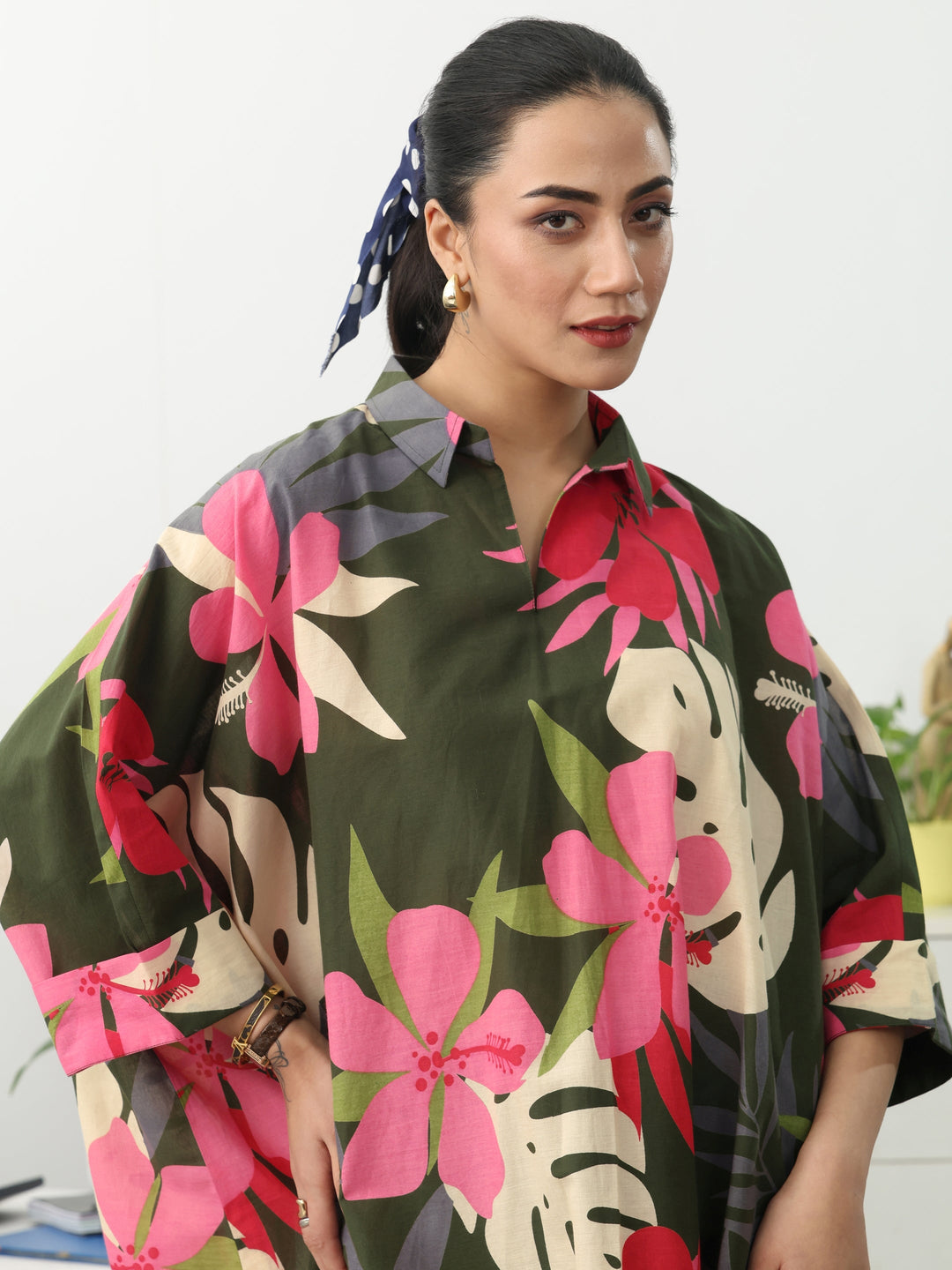  Green Floral Printed Cotton Blend A-Line Short Kurti 