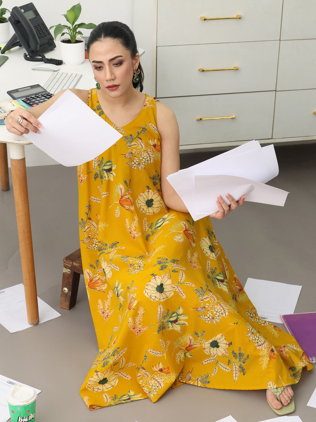  Mustard Floral Printed Cotton A-Line Sleeveless One Piece Dress 