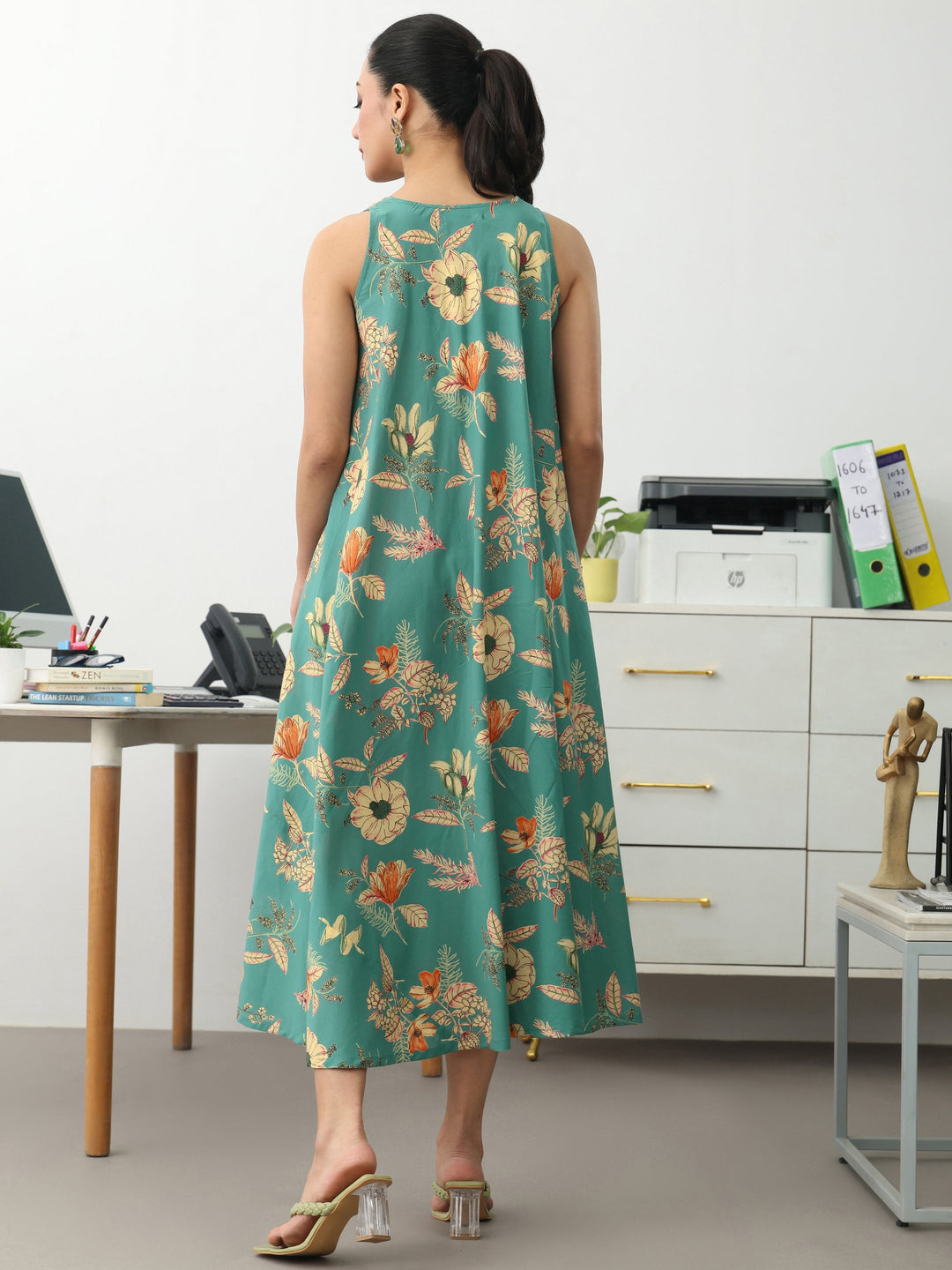  Blue Floral Printed Cotton A-Line Sleeveless One Piece Dress 