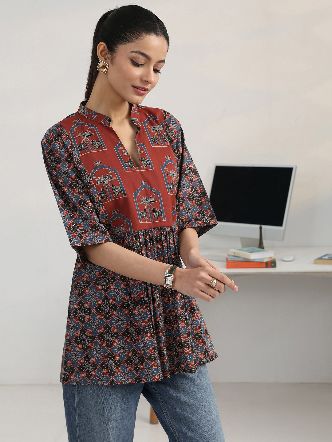 Multi Geometric Printed Cotton Blend A-Line Short Kurti 