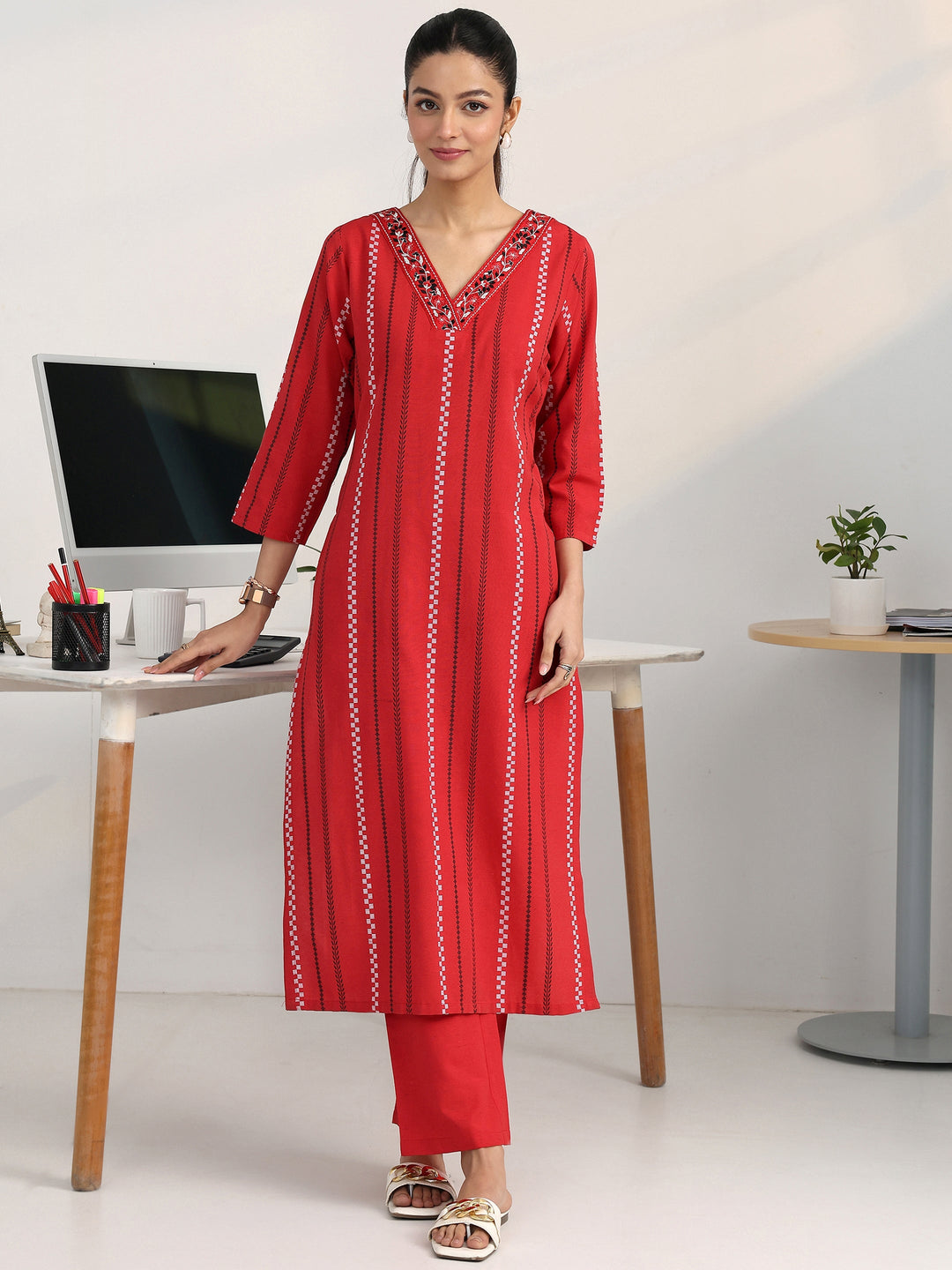  Red Striped Woven Design Cotton Blend Straight Kurta 