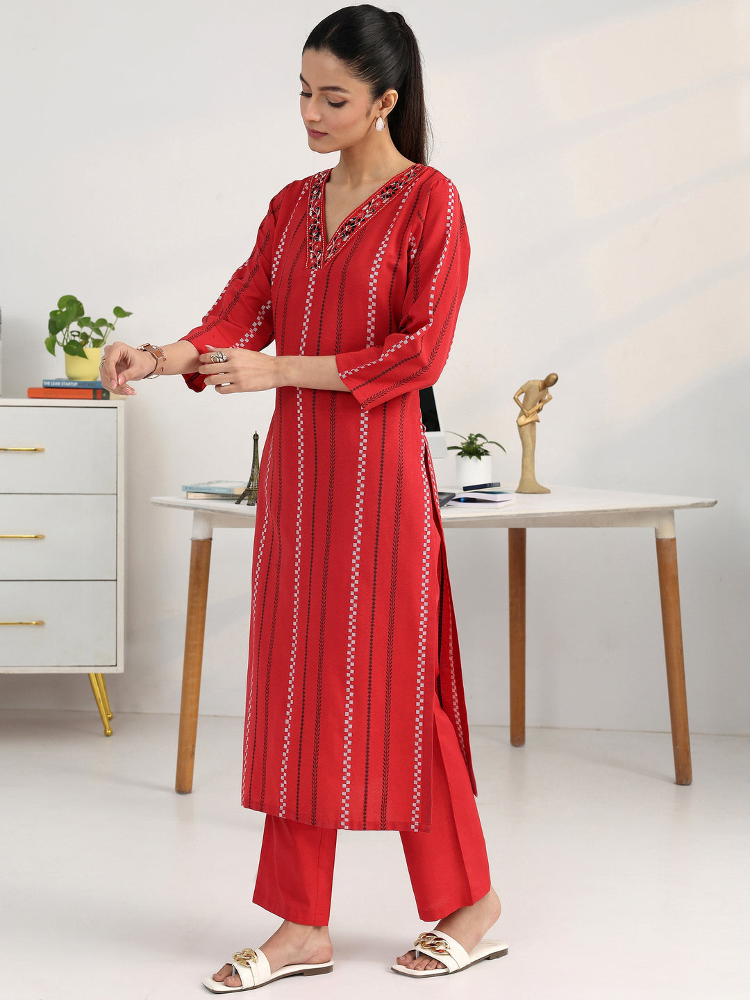  Red Striped Woven Design Cotton Blend Straight Kurta 