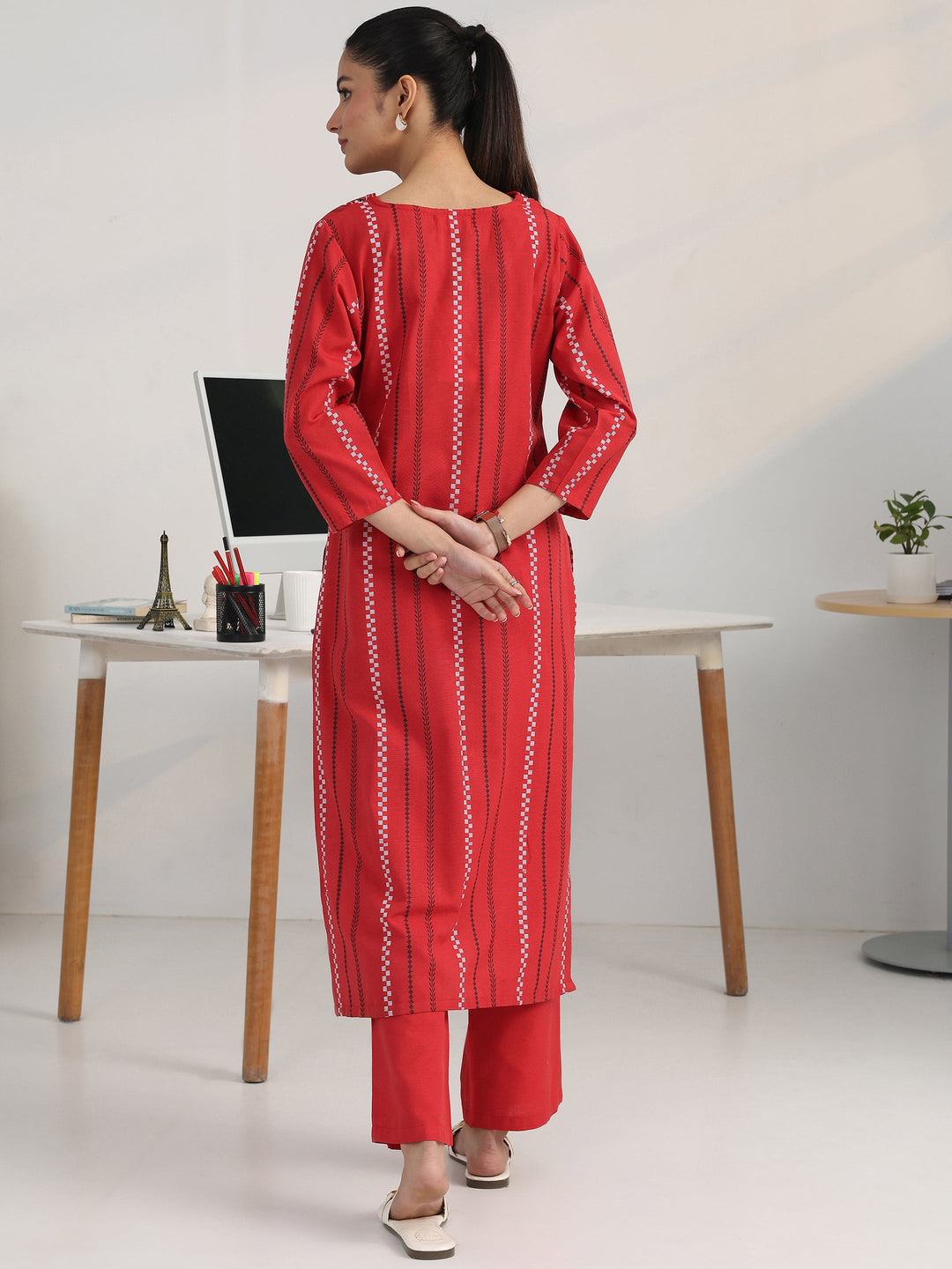  Red Striped Woven Design Cotton Blend Straight Kurta 