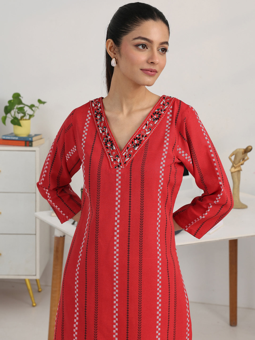  Red Striped Woven Design Cotton Blend Straight Kurta 