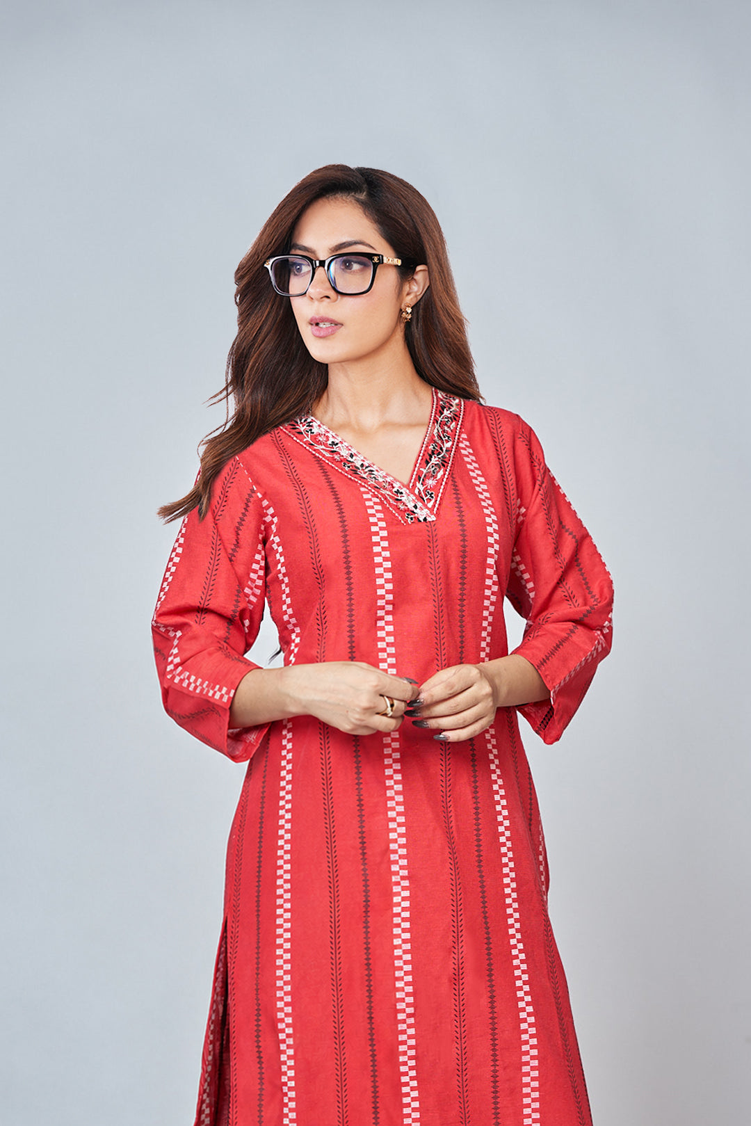 Red Striped Woven Design Cotton Blend Straight Kurta-image-36