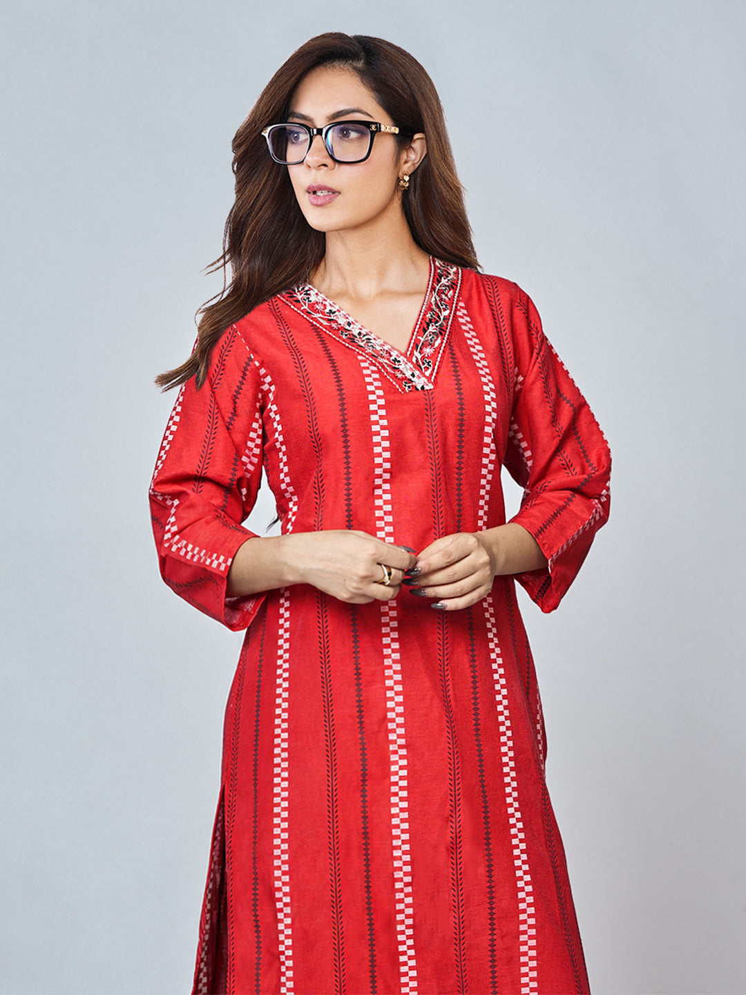 Gerua Red Striped Woven Design Cotton Blend Straight Kurta