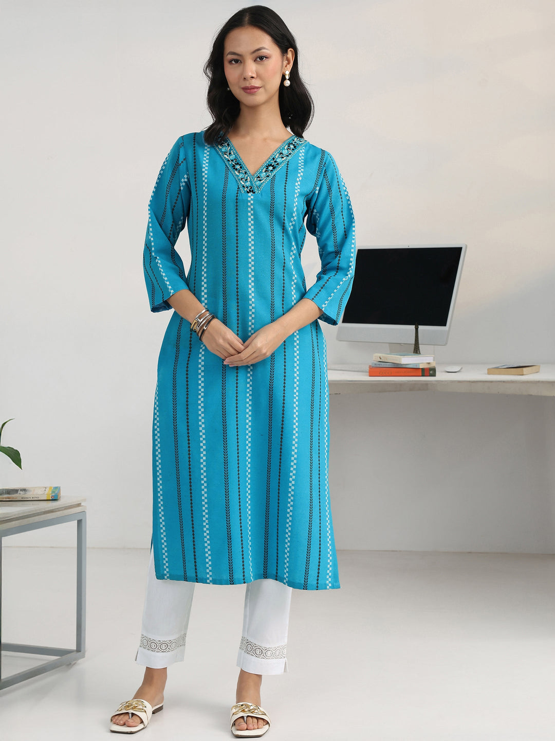  Blue Striped Woven Design Cotton Blend Straight Kurta 