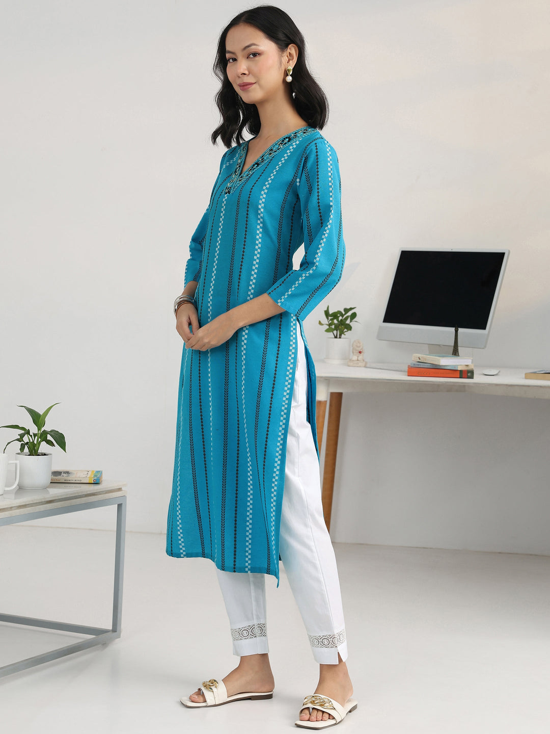  Blue Striped Woven Design Cotton Blend Straight Kurta 