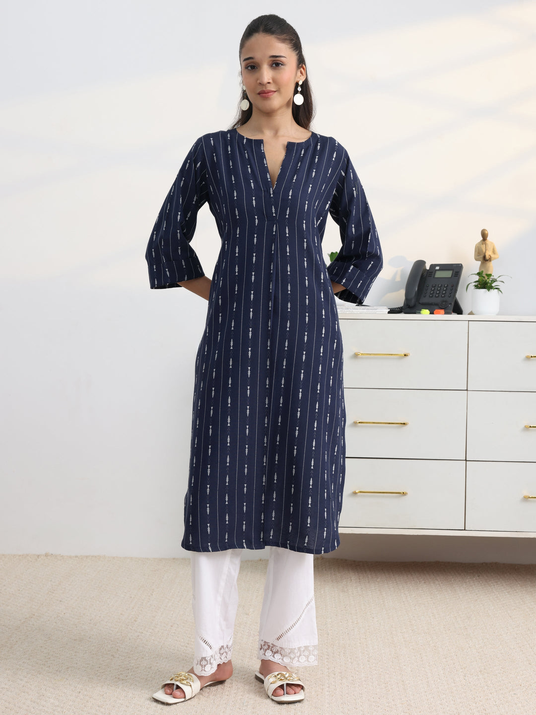  Navy Woven Design Cotton Blend Straight Kurta 