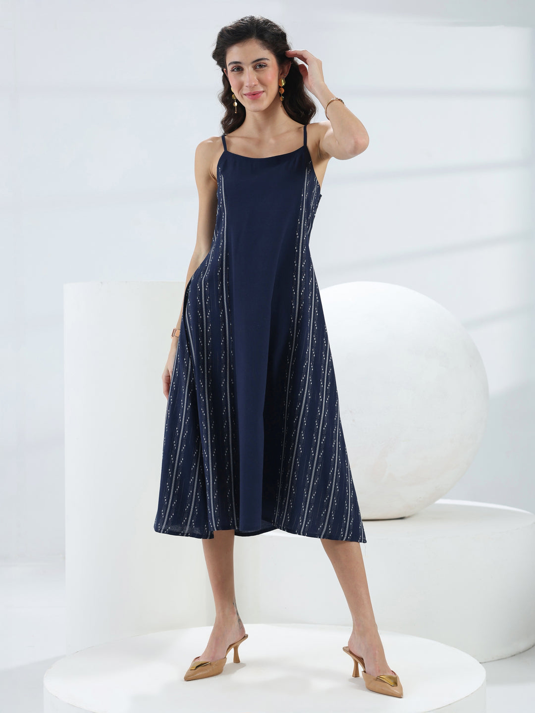  Blue Ethnic Woven Design Cotton Blend A-Line One Piece Dress 