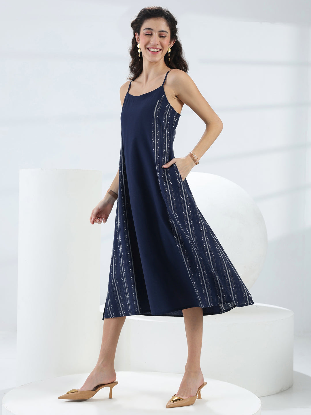  Blue Ethnic Woven Design Cotton Blend A-Line One Piece Dress 
