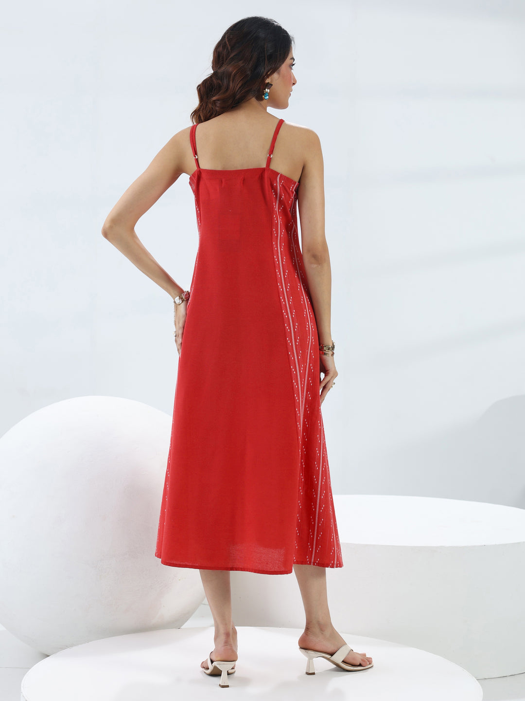  Red Ethnic Woven Design Cotton Blend A-Line One Piece Dress 
