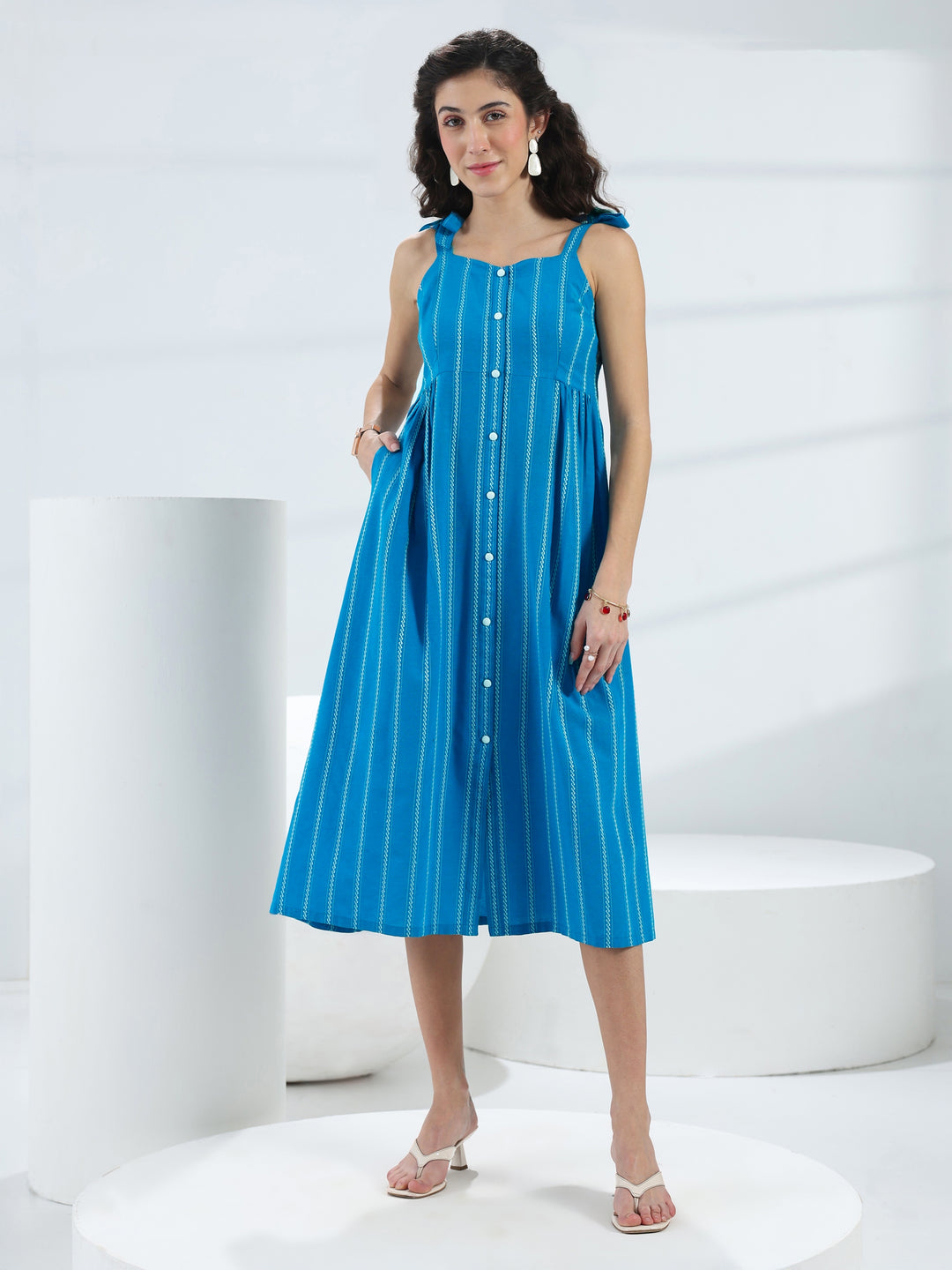  Blue Striped Woven Design Cotton Blend A-Line One Piece Dress 