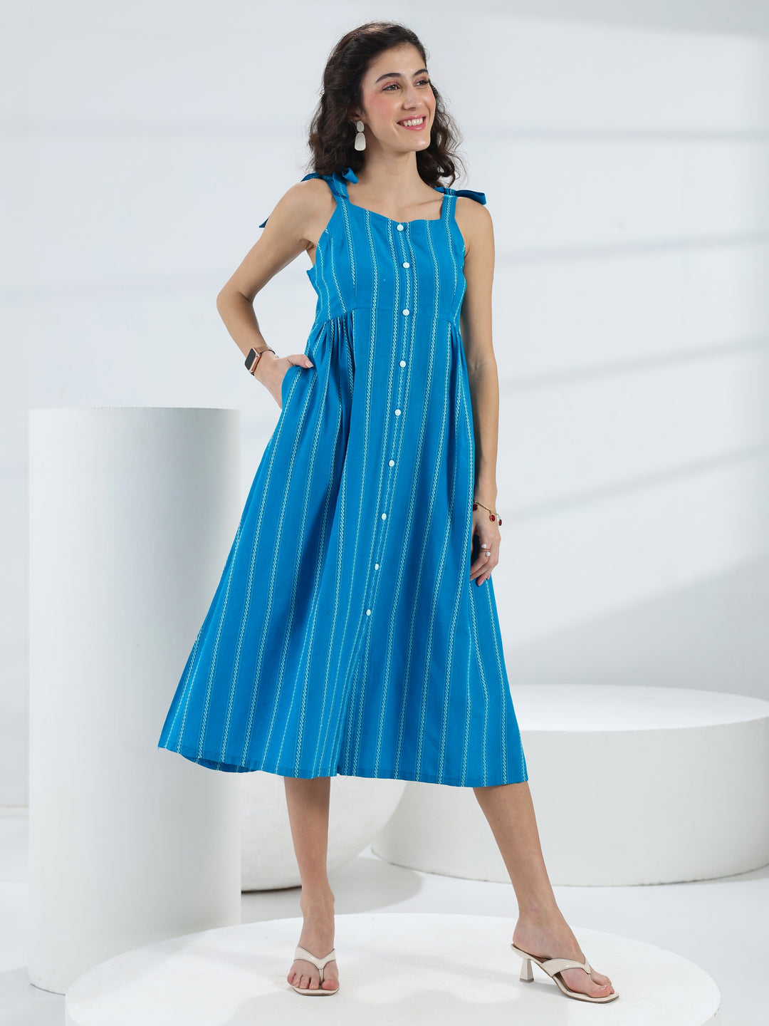  Blue Striped Woven Design Cotton Blend A-Line One Piece Dress 