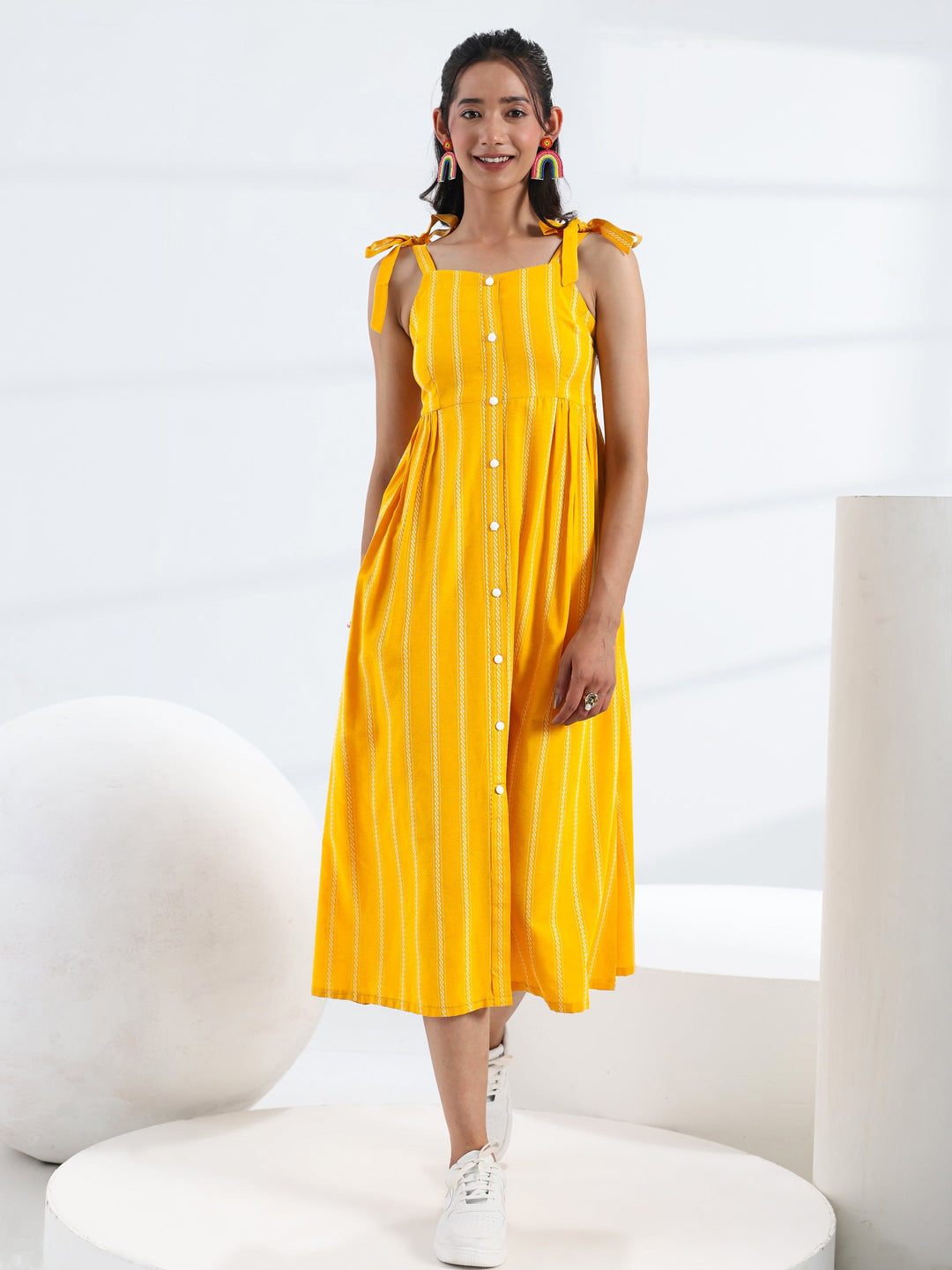  Yellow Striped Woven Design Cotton Blend A-Line One Piece Dress 