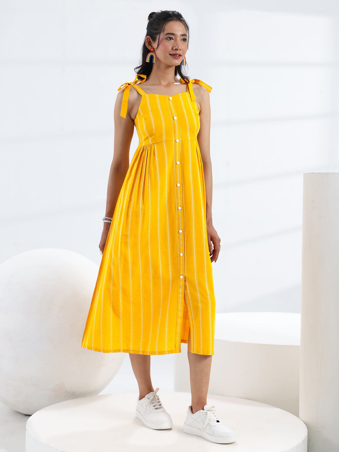  Yellow Striped Woven Design Cotton Blend A-Line One Piece Dress 