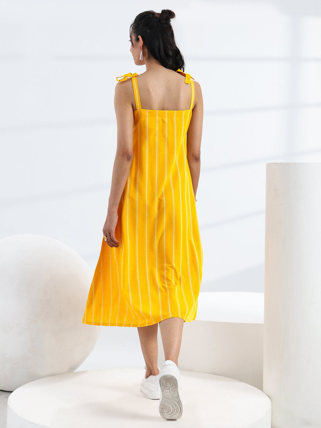  Yellow Striped Woven Design Cotton Blend A-Line One Piece Dress 