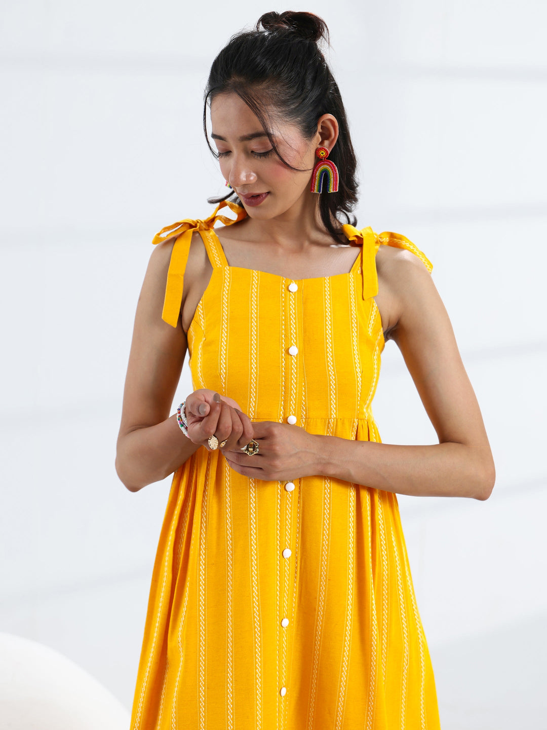  Yellow Striped Woven Design Cotton Blend A-Line One Piece Dress 