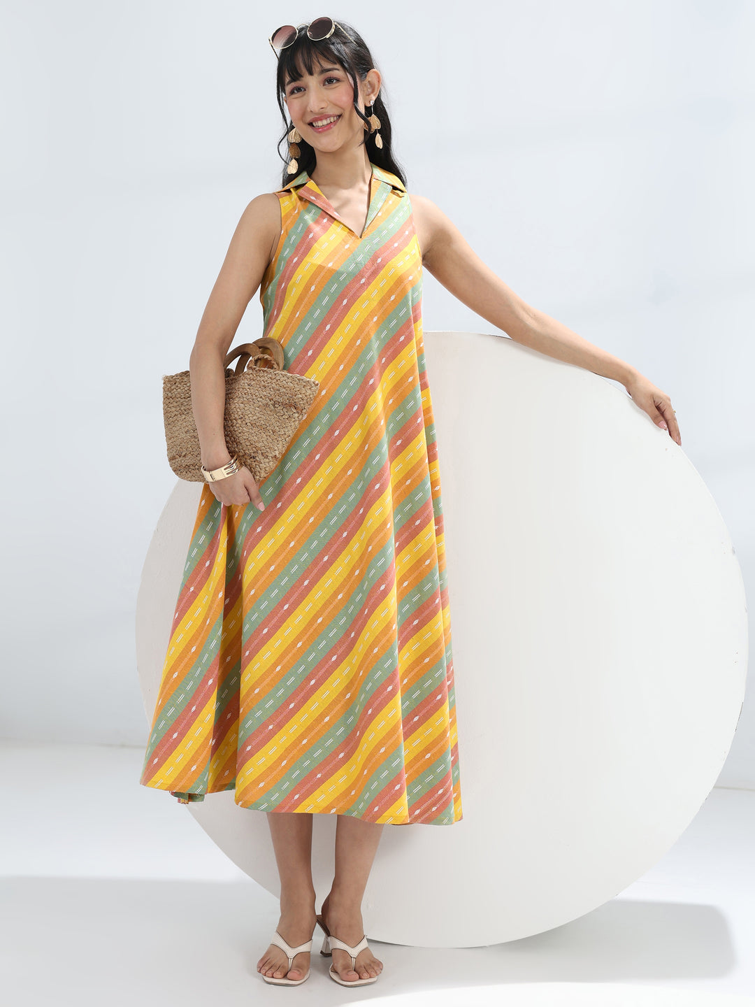  Multi Leheriya Cotton Blend A-Line Dress 