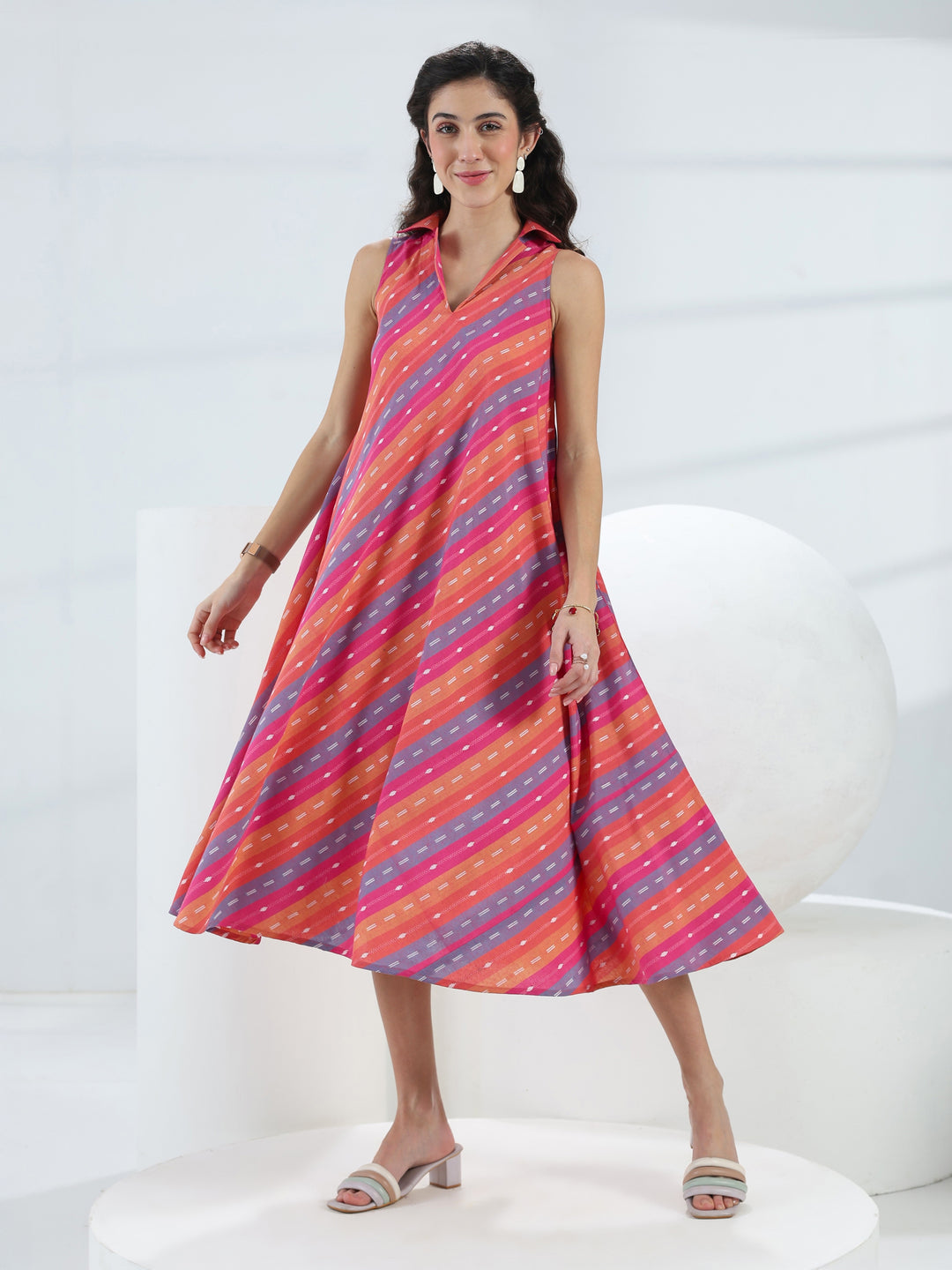  Multi Leheriya Cotton Blend A-Line Dress 