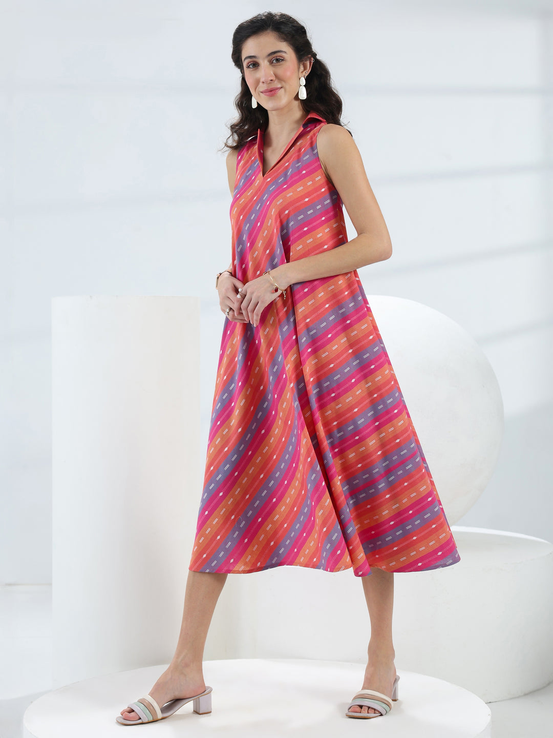  Multi Leheriya Cotton Blend A-Line Dress 