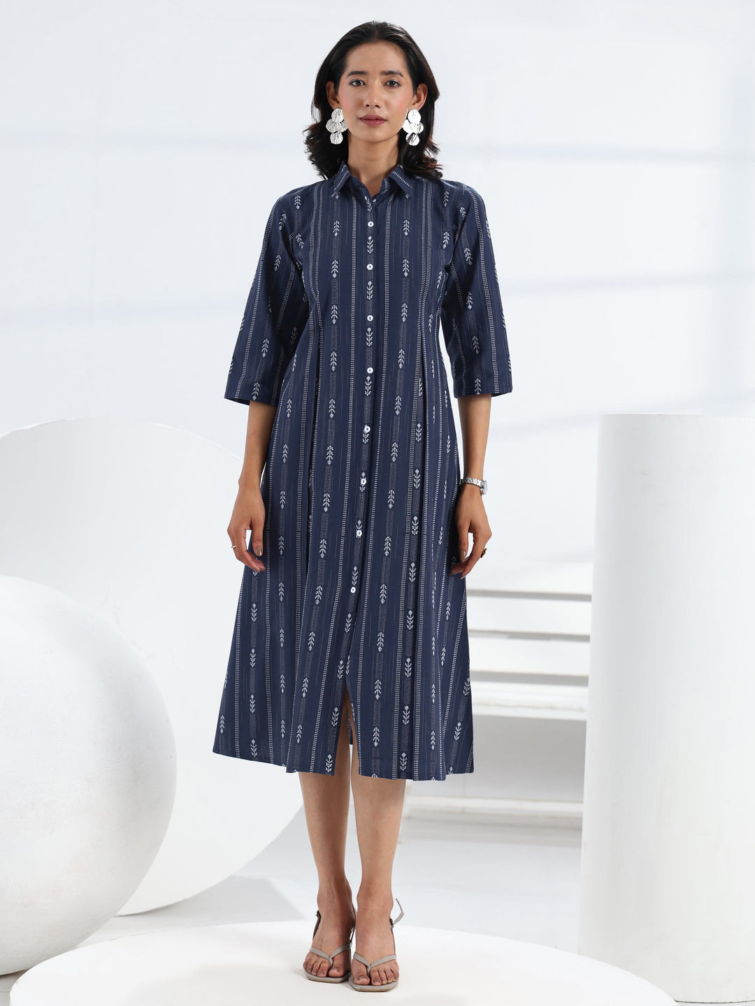  Navy Blue Ethnic Motif Woven Design Cotton Blend A-Line One Piece Dress 