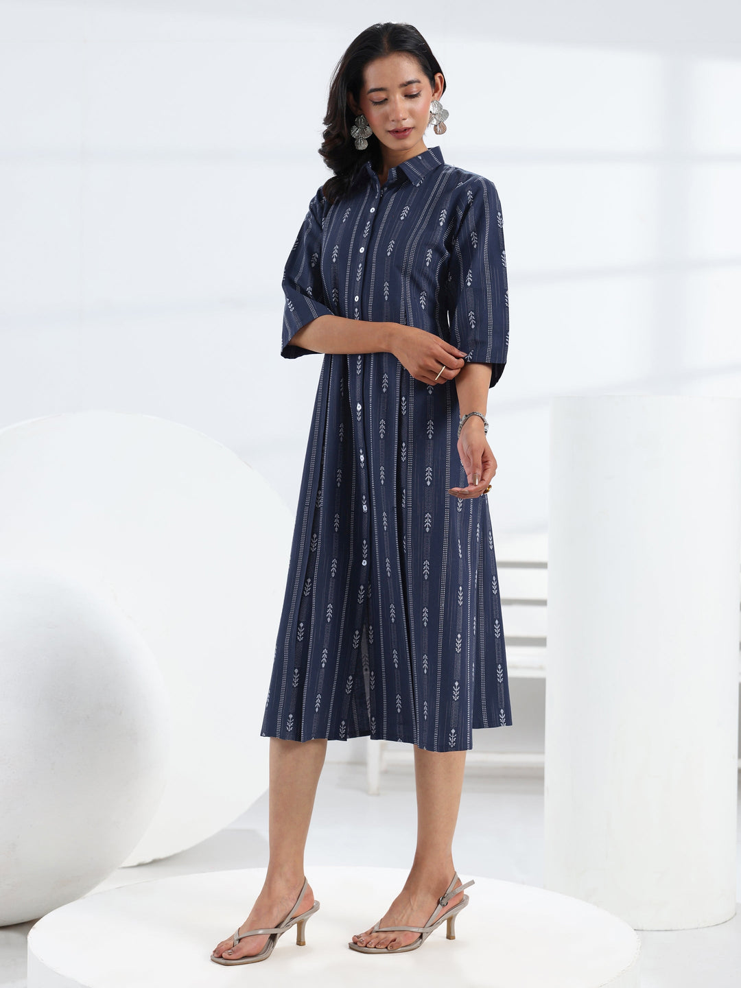  Navy Blue Ethnic Motif Woven Design Cotton Blend A-Line One Piece Dress 