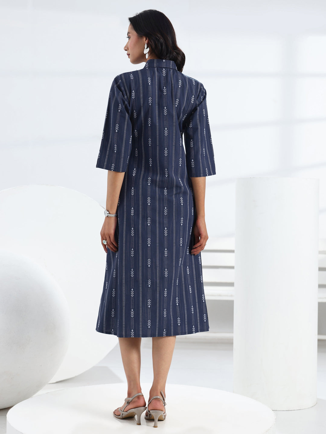  Navy Blue Ethnic Motif Woven Design Cotton Blend A-Line One Piece Dress 