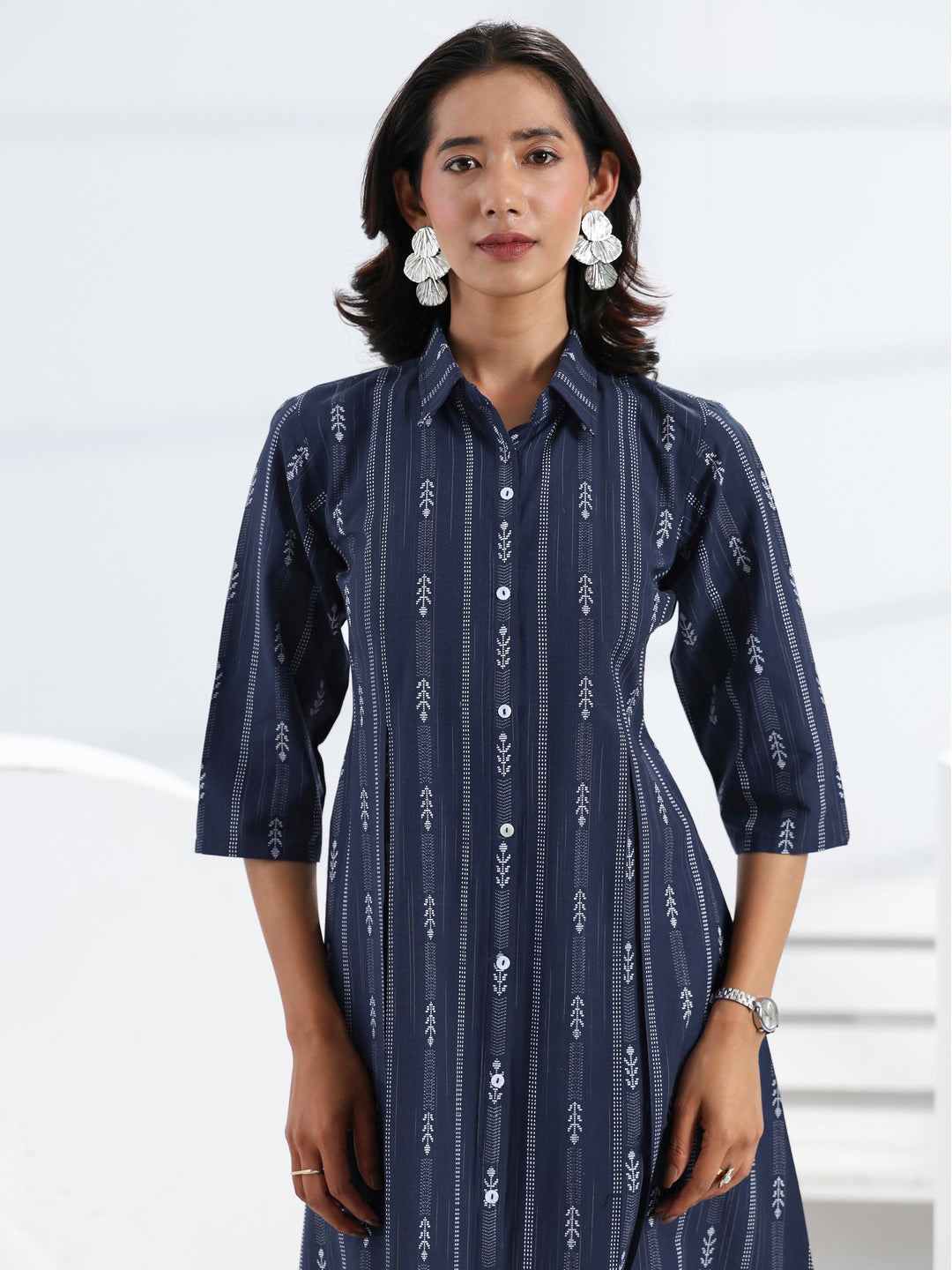  Navy Blue Ethnic Motif Woven Design Cotton Blend A-Line One Piece Dress 