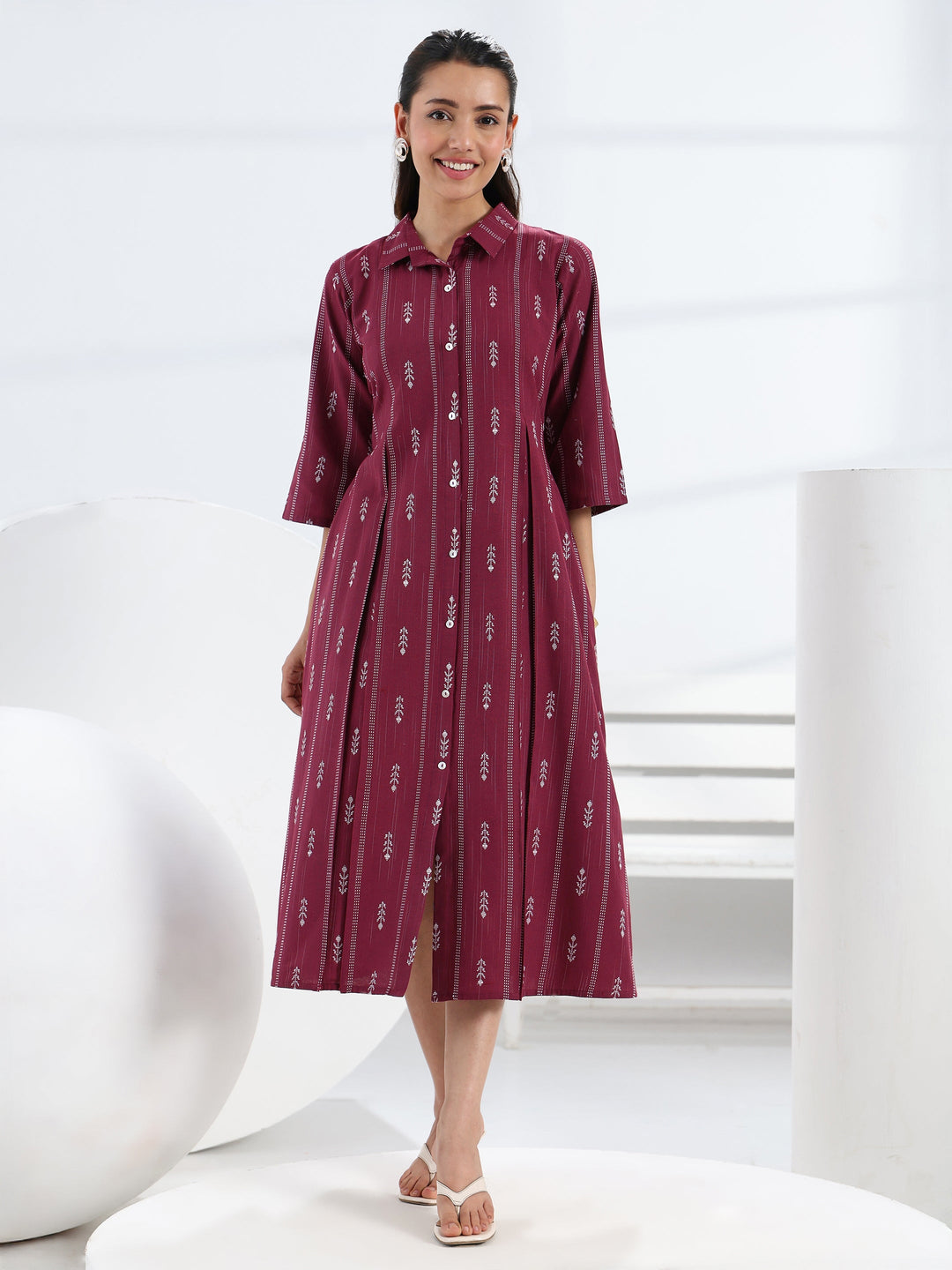  Maroon Ethnic Motif Woven Design Cotton Blend A-Line One Piece Dress 