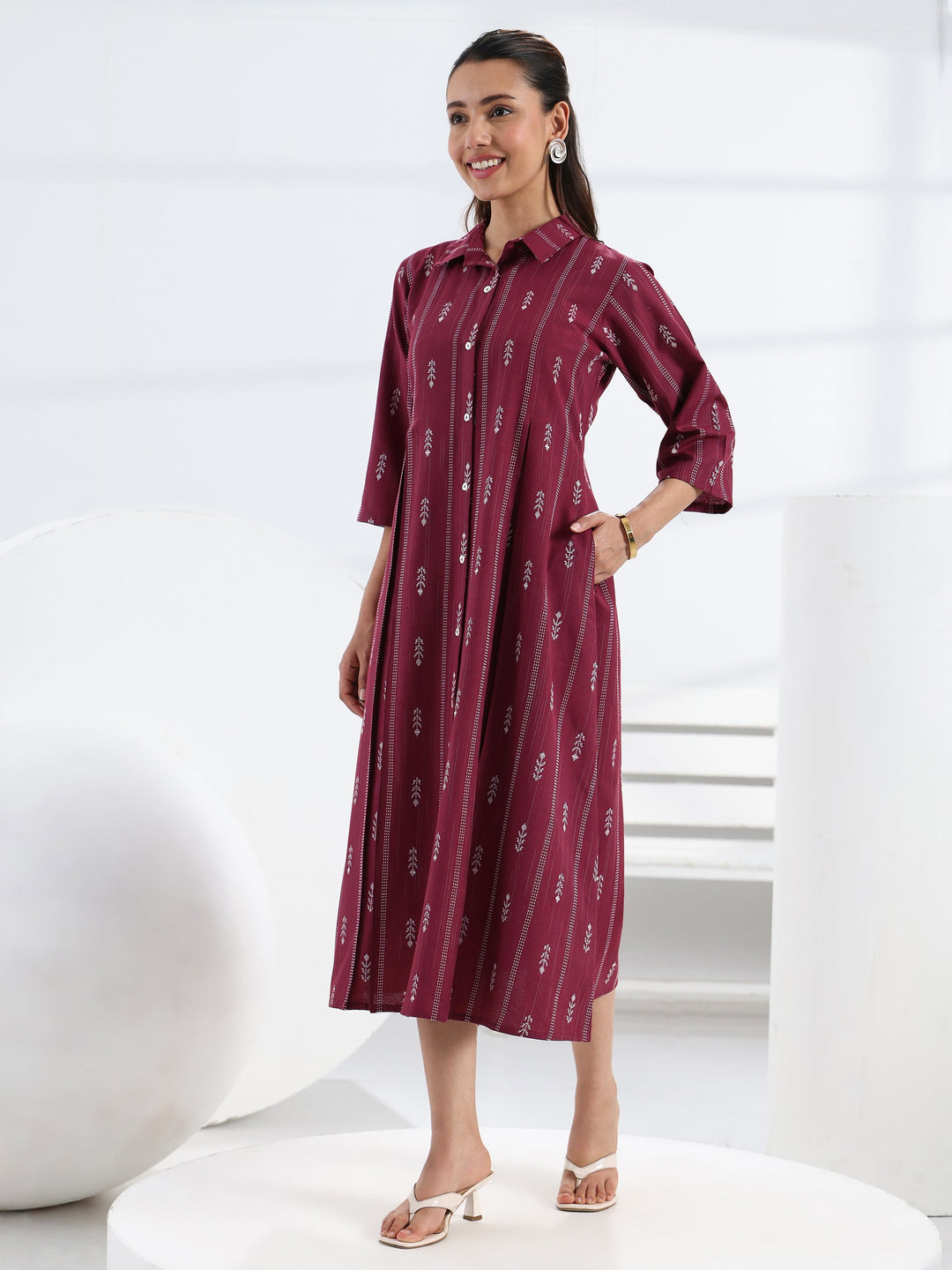  Maroon Ethnic Motif Woven Design Cotton Blend A-Line One Piece Dress 