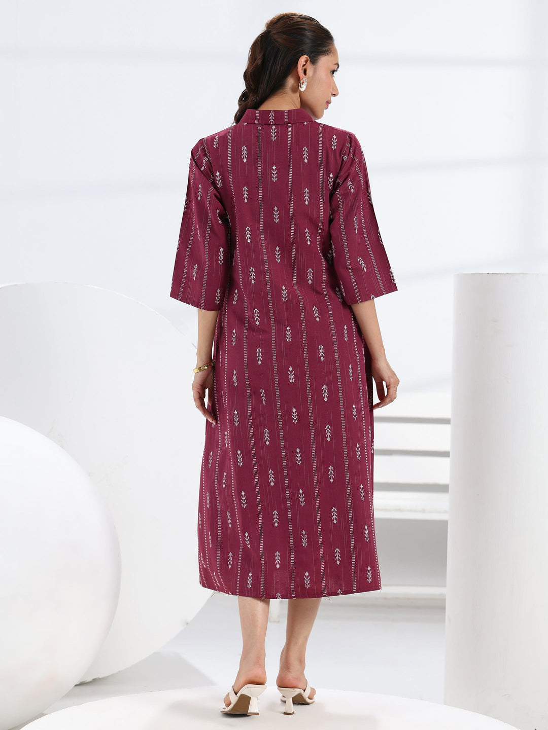  Maroon Ethnic Motif Woven Design Cotton Blend A-Line One Piece Dress 