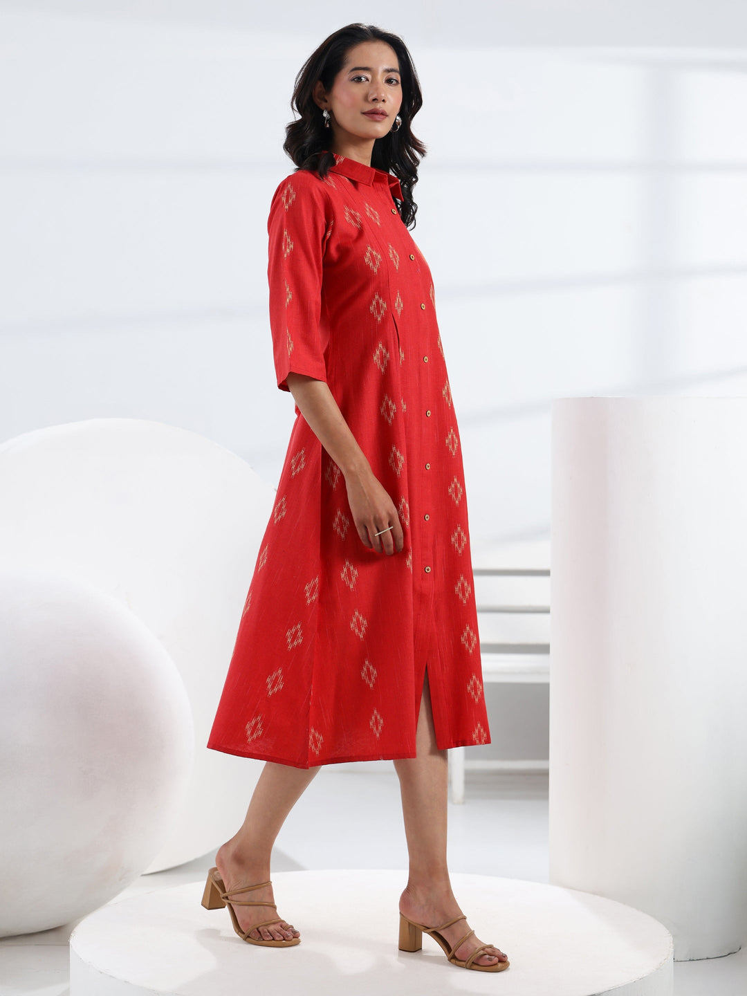  Red Ethnic Motif Woven Design Cotton Blend A-Line One Piece Dress 