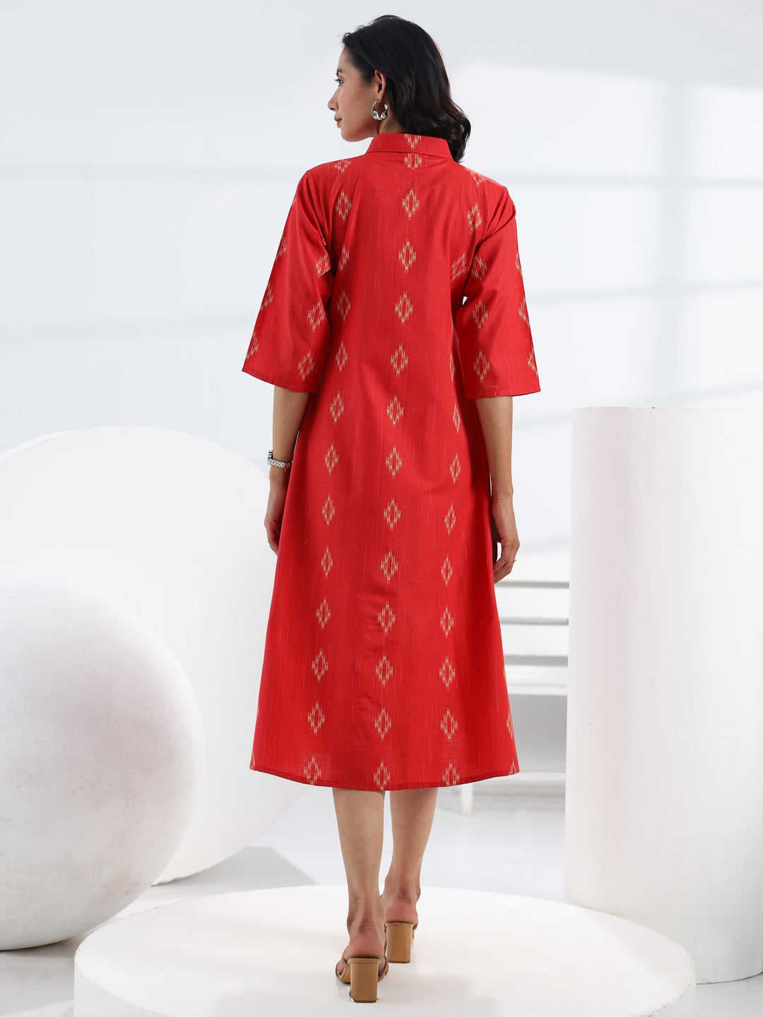  Red Ethnic Motif Woven Design Cotton Blend A-Line One Piece Dress 
