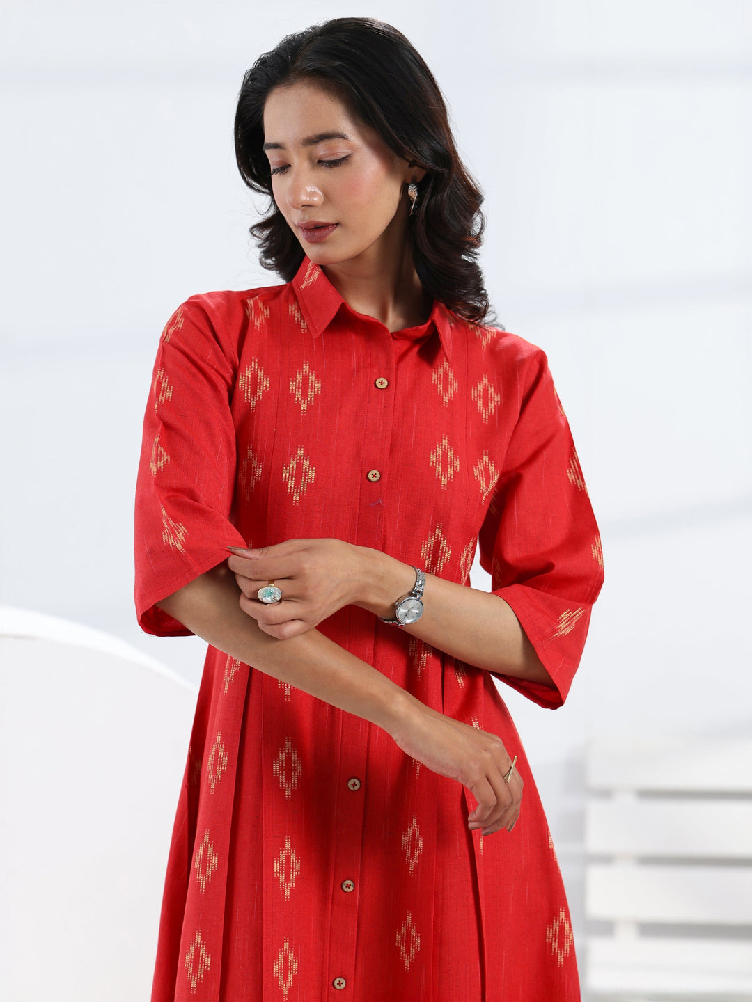  Red Ethnic Motif Woven Design Cotton Blend A-Line One Piece Dress 