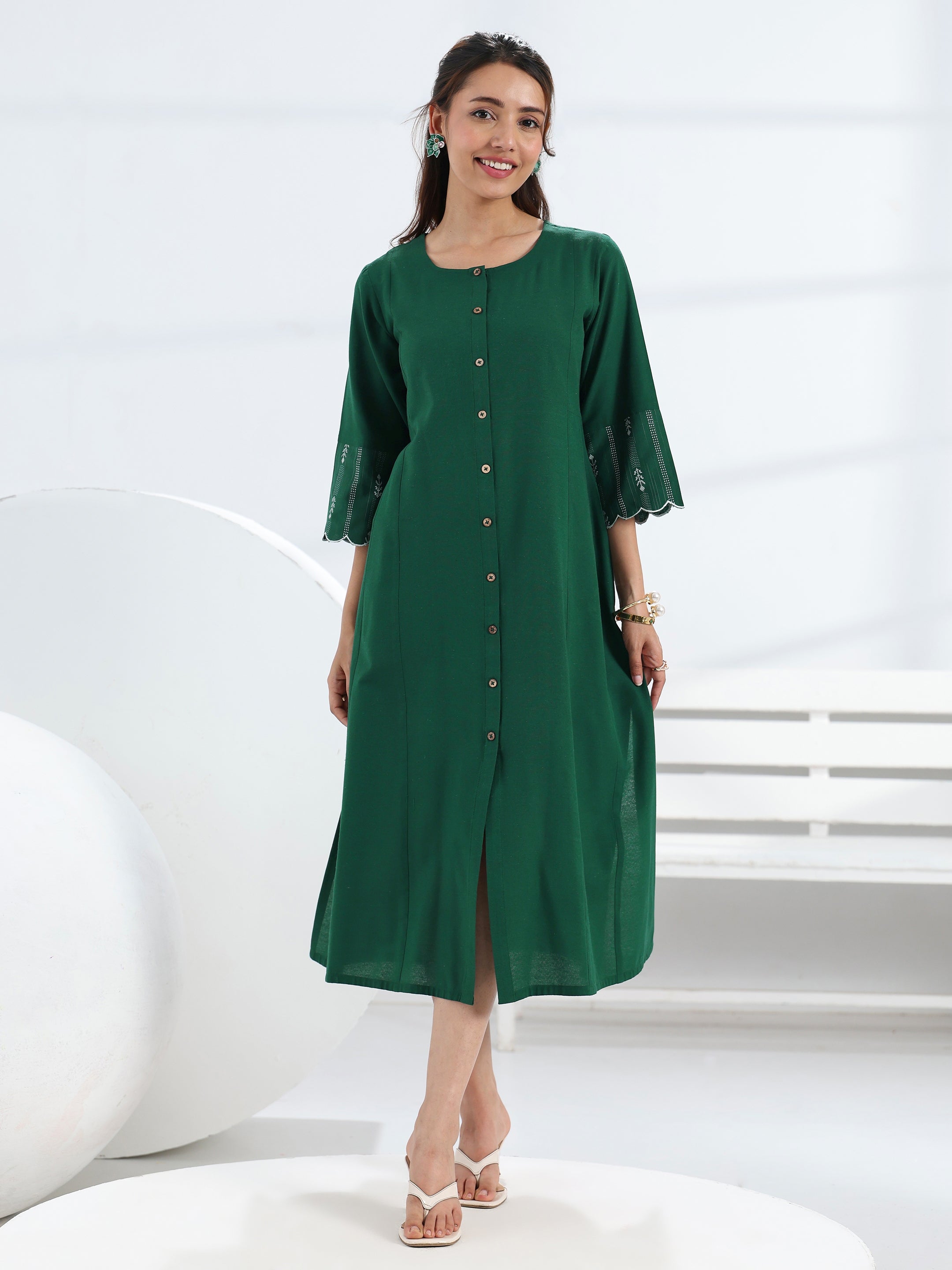 libas Green Solid Cotton Blend A-Line One Piece Dress-picture-16