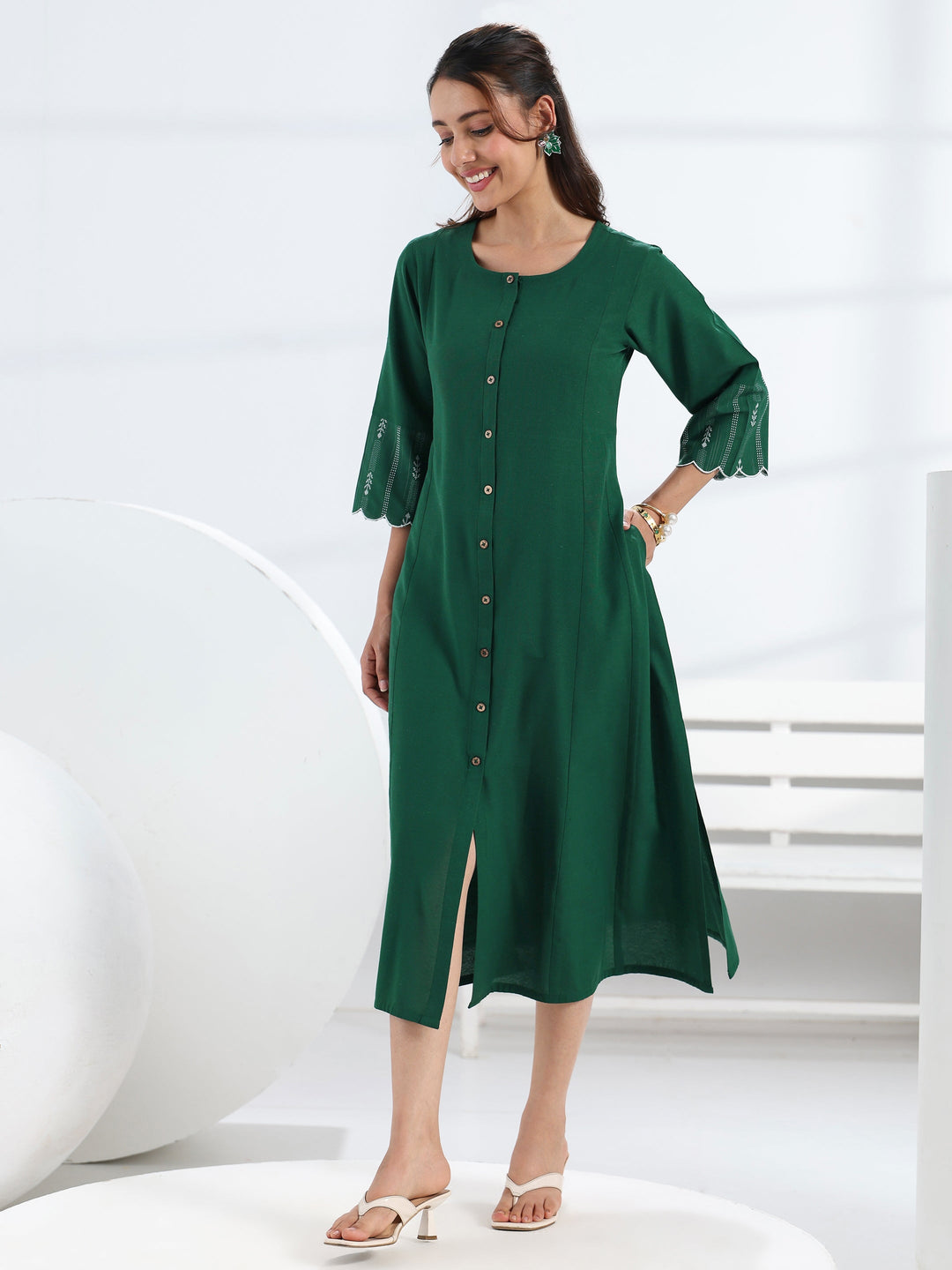  Green Solid Cotton Blend A-Line One Piece Dress 