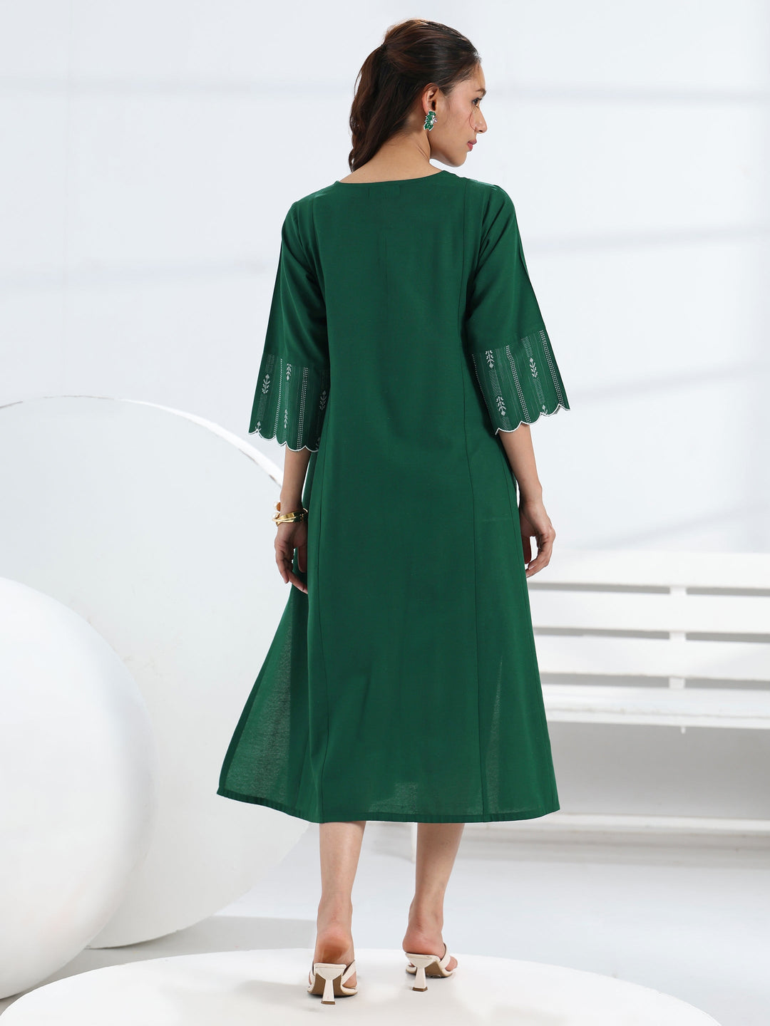  Green Solid Cotton Blend A-Line One Piece Dress 
