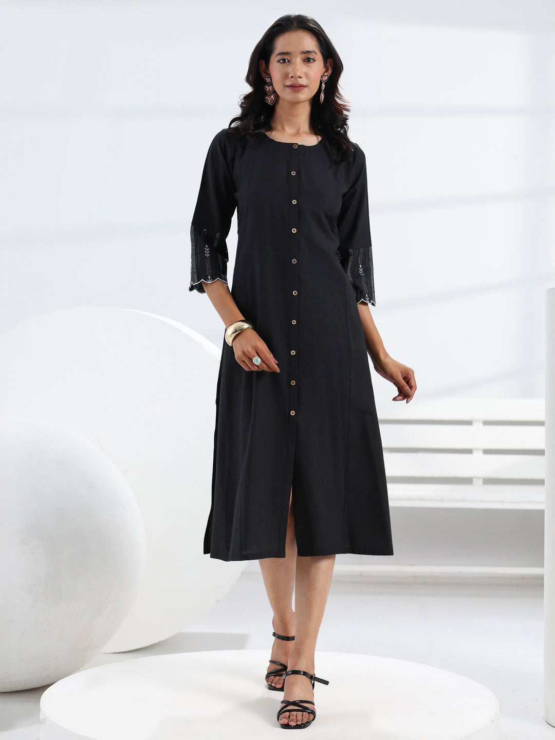  Black Solid Cotton Blend A-Line One Piece Dress 