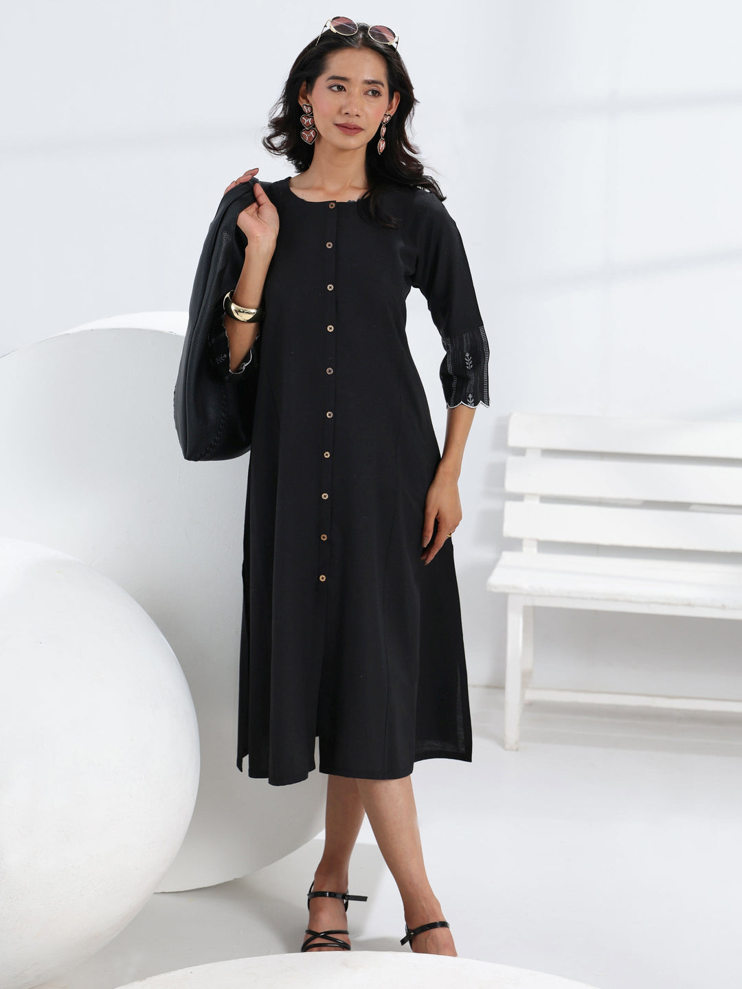  Black Solid Cotton Blend A-Line One Piece Dress 